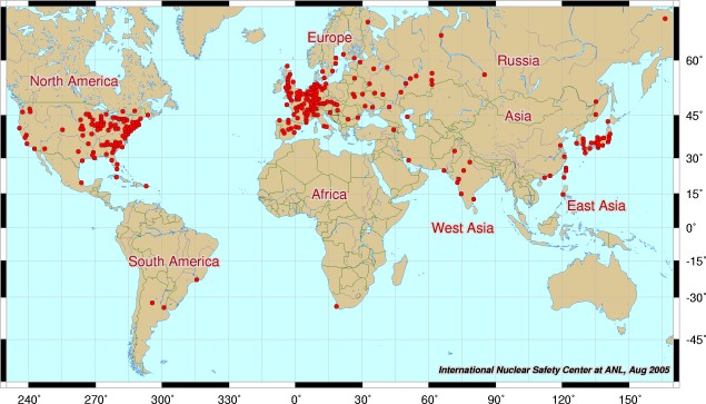Mapa wszystkich elektrowni jądrowych na świecie, 2005