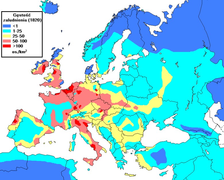 Gęstość zaludnienia w Europie w 1820 roku