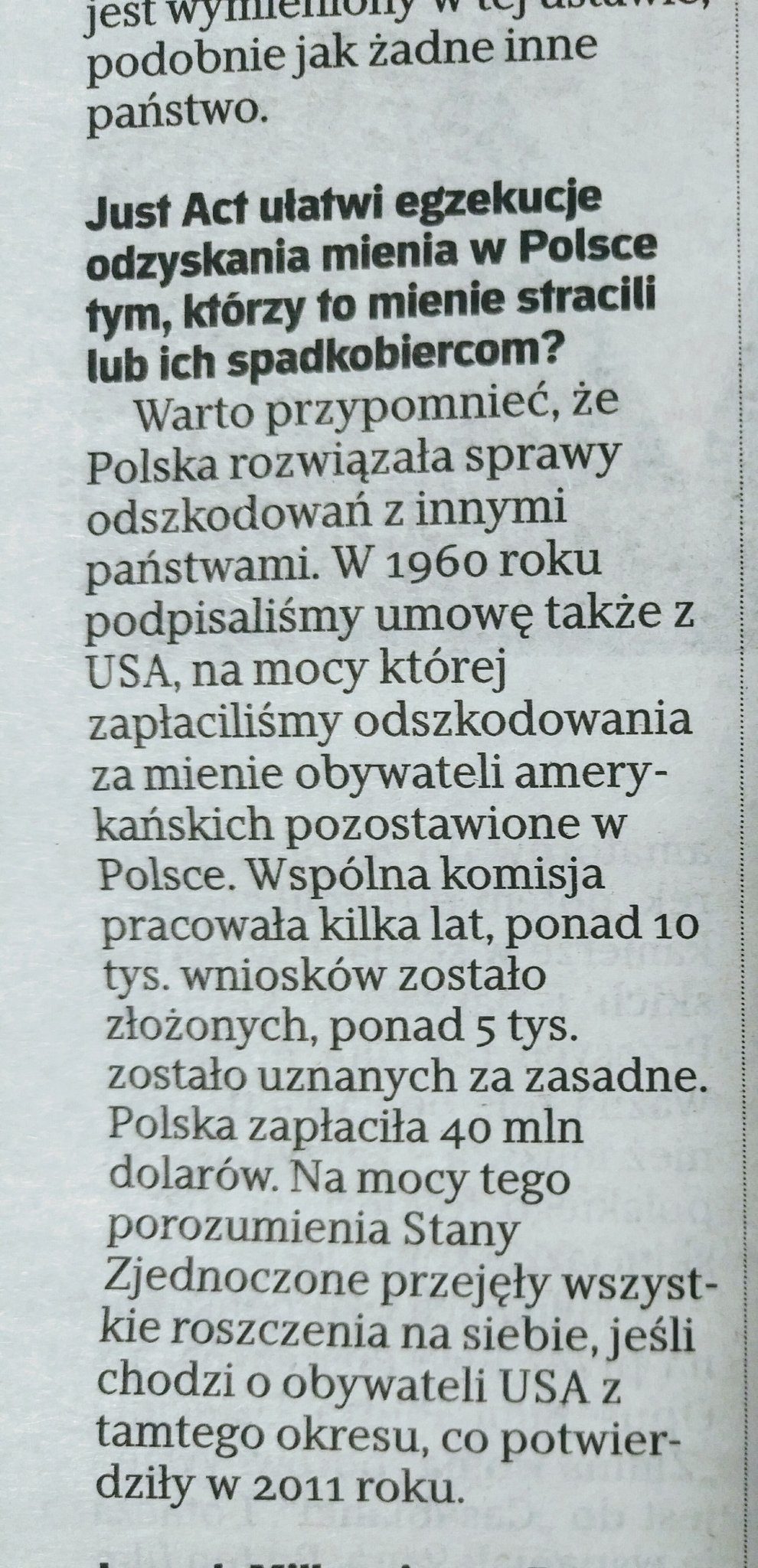 Kwestia roszczeń została rozwiązana przez Polskę w 1960 roku