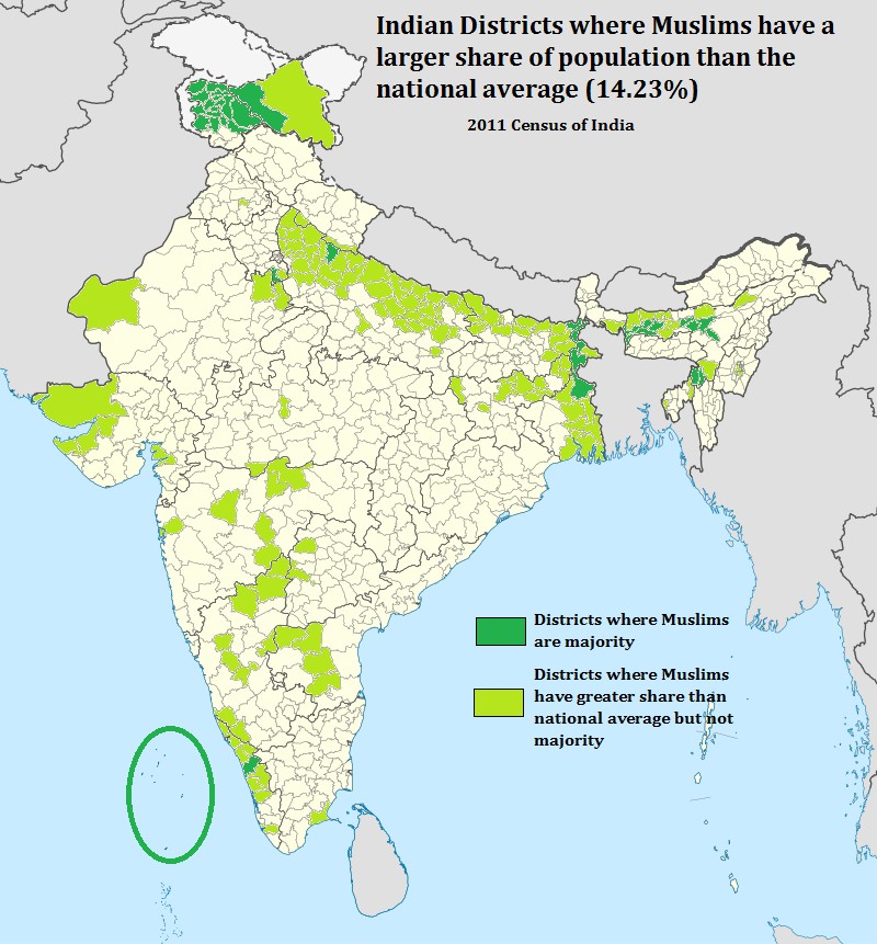 Wszystkie okręgi w Indiach, w których muzułmanie stanowią większą część populacji niż średnia krajowa (tj. 14,23%), 2011