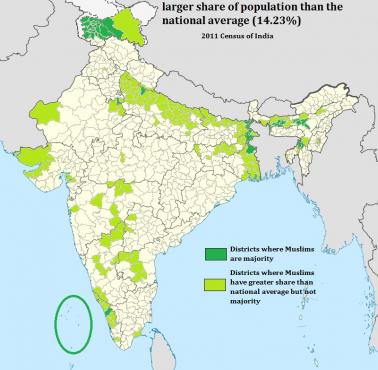 Wszystkie okręgi w Indiach, w których muzułmanie stanowią większą część populacji niż średnia krajowa (tj. 14,23%), 2011