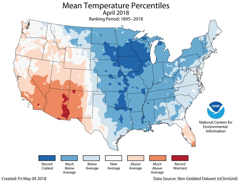 Gdzie w USA najzimniej, a gdzie średnio najcieplej, lata 1895-2018