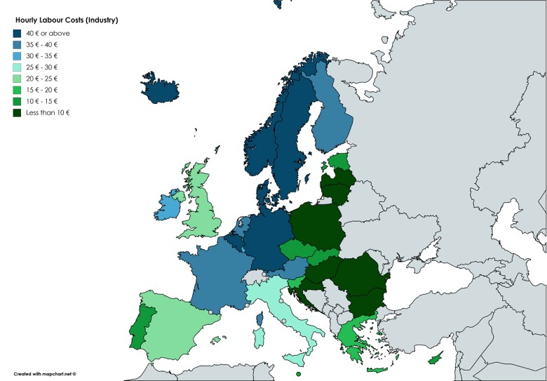 Godzinowe koszty pracy w przemyśle w krajach europejskich