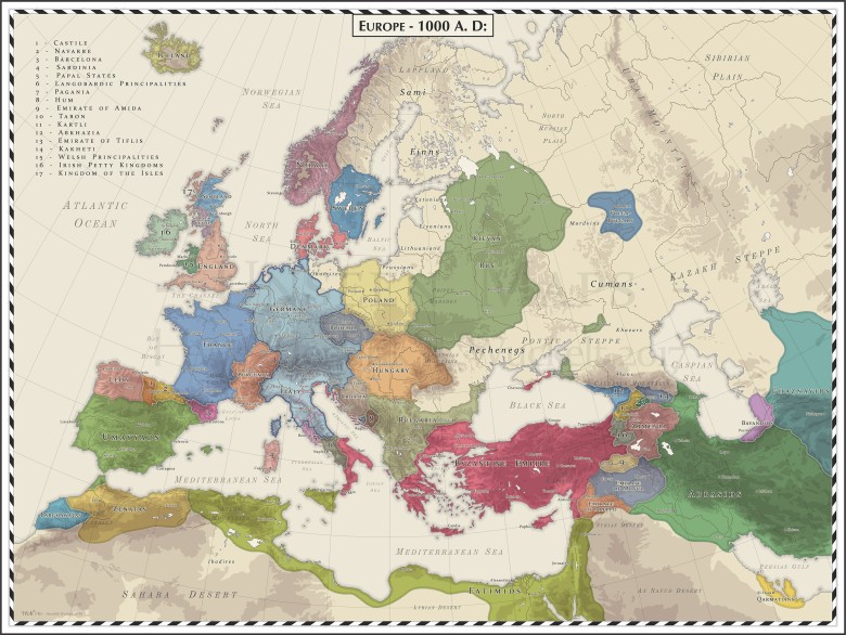 Mapa Europy w 1000 roku