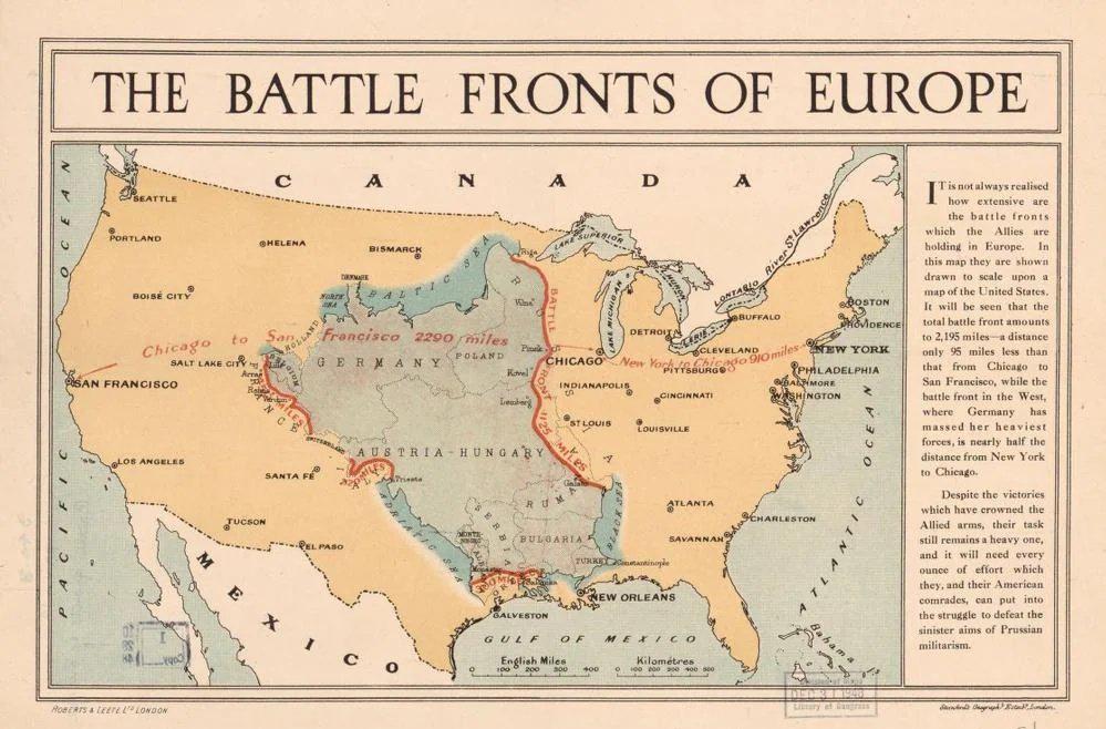 Długość linii frontu w 1917 roku nałożona na mapę USA, źródło Libary of Congress, 1943