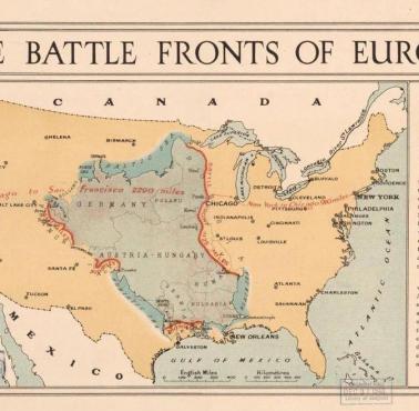 Długość linii frontu w 1917 roku nałożona na mapę USA, źródło Libary of Congress, 1943