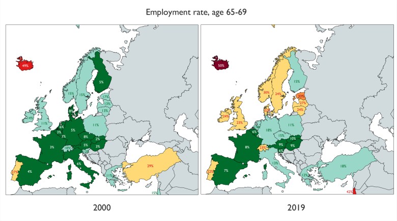 Wskaźniki zatrudnienia Europejczyków w wieku 65-69 lat w latach 2000 i 2019