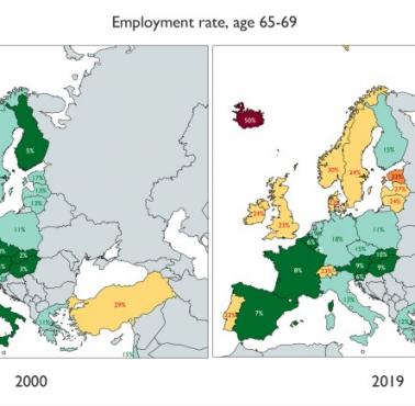 Wskaźniki zatrudnienia Europejczyków w wieku 65-69 lat w latach 2000 i 2019