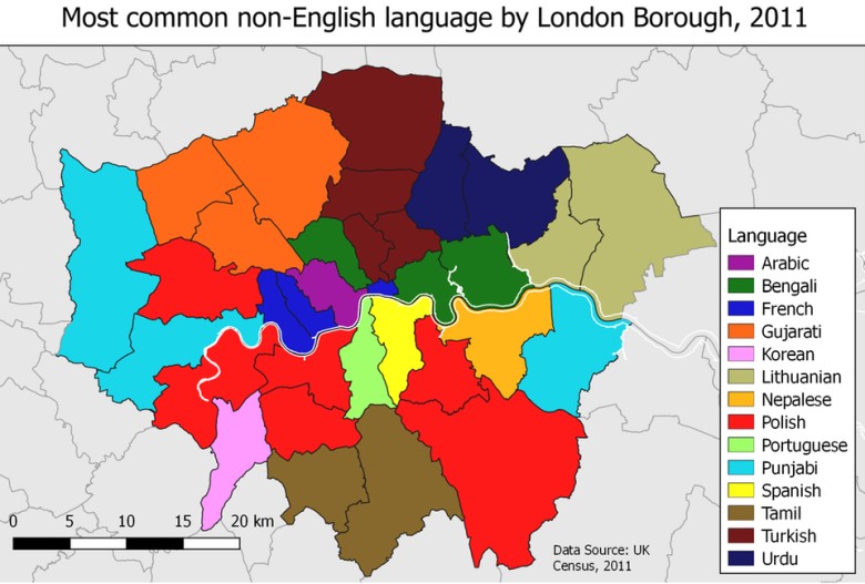 Najczęstszy język nieanglojęzyczny w dzielnicach Londynu, 2011