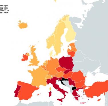 Odsetek dorosłych (18-34) mieszkających z rodzicami, Europa, 2016