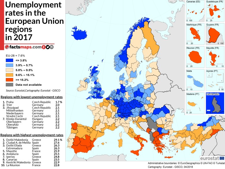 Stopa bezrobocia w regionach Unii Europejskiej w 2017