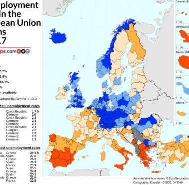 Stopa bezrobocia w regionach Unii Europejskiej w 2017