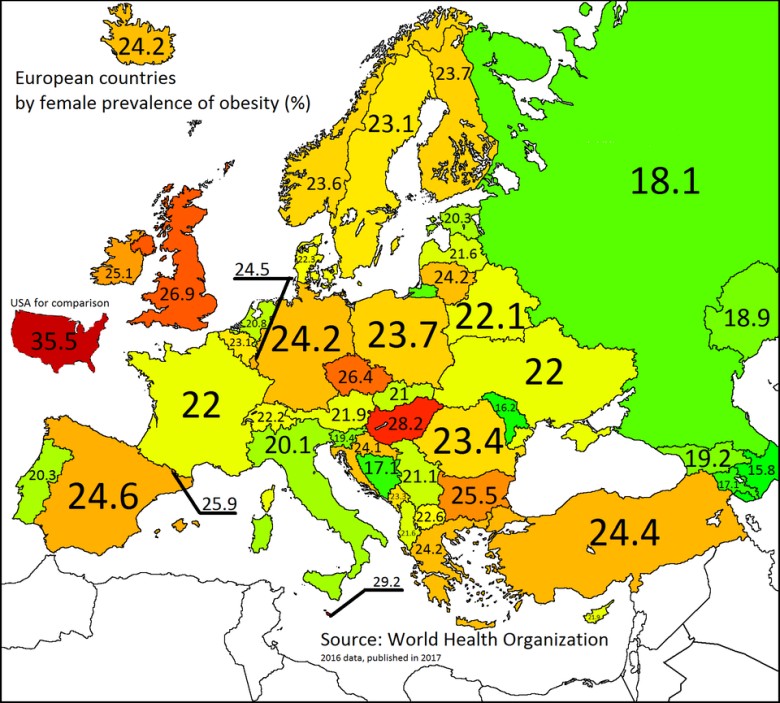 Otyłość u kobiet w krajach europejskich i USA, 2017