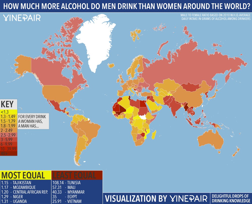 Spożycie alkoholu wśród mężczyzn i kobiet na świecie, 2010