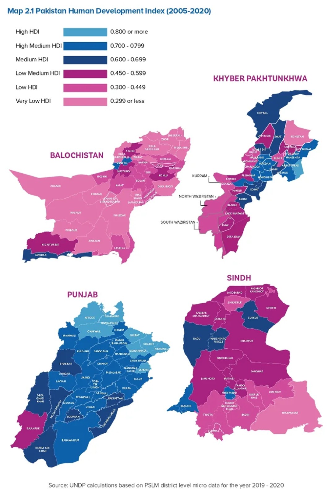 Wskaźnik rozwoju społecznego HDI (od ang. Human Development Index) z podziałem na prowincje Pakistanu, 2005-2020