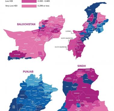 Wskaźnik rozwoju społecznego HDI (od ang. Human Development Index) z podziałem na prowincje Pakistanu, 2005-2020