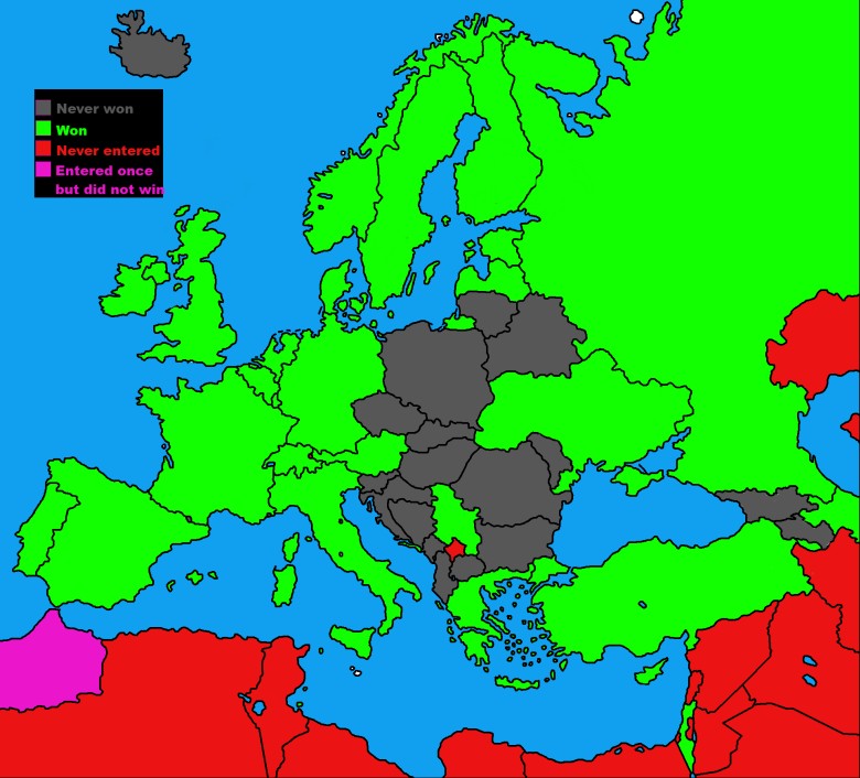 Mapa państw, które nigdy nie wygrały Eurowizji