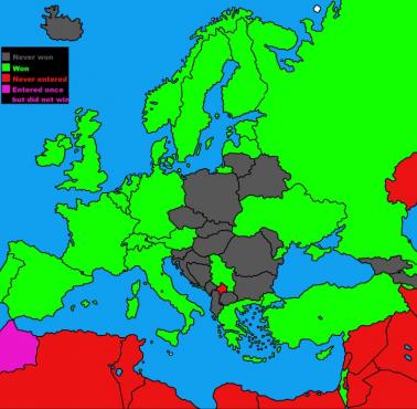 Mapa państw, które nigdy nie wygrały Eurowizji