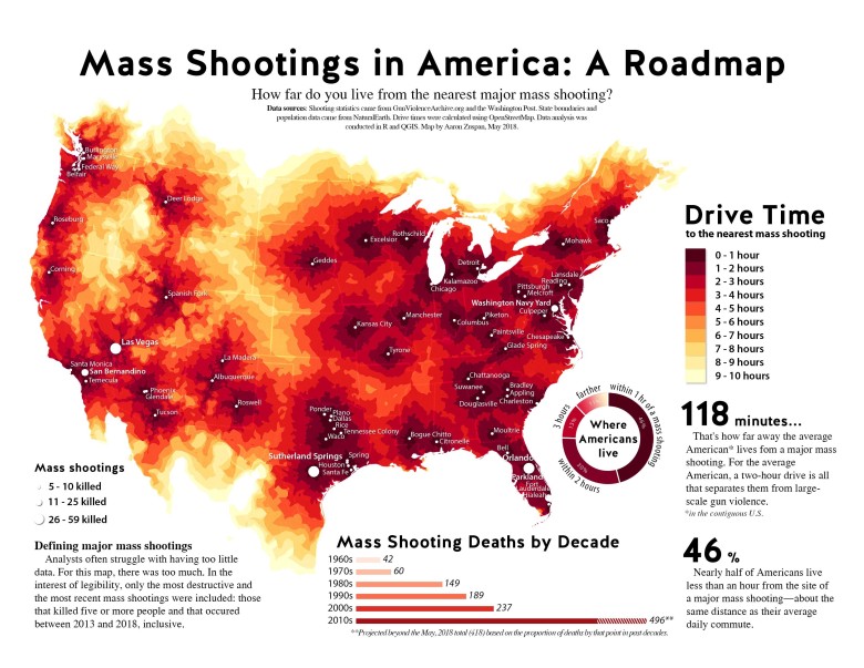Mapa masowych strzelanin w USA, 2013-2018