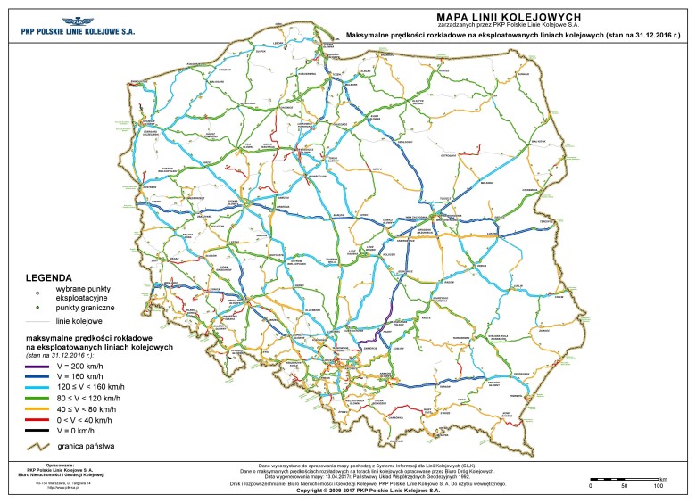 Maksymalna prędkość pociągów pasażerskich w sieci kolejowej w Polsce, 2016