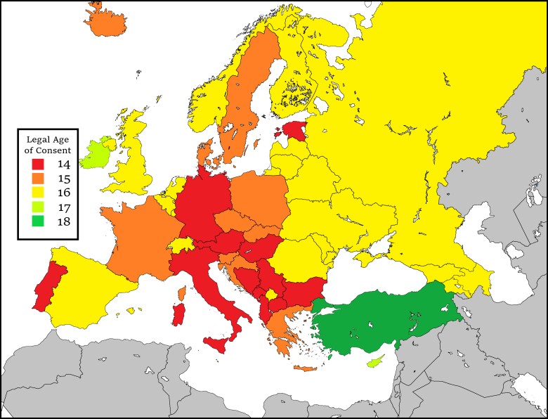 Wiek zgody (wyrażenia ważnej prawnie zgody na czynności seksualne) w poszczególnych krajach Europy