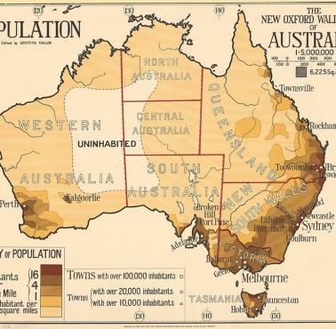 Gęstość zaludnienia Australii. Zamieszkała część Australii. Mapa z lat 20-tych XX wieku