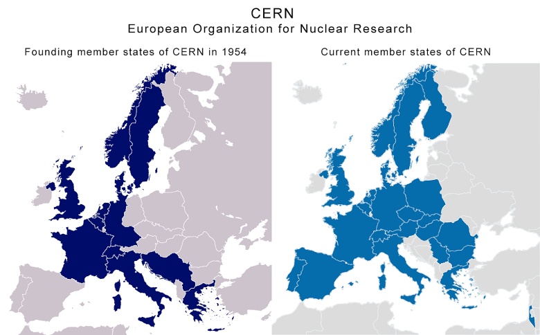Członkowie założyciele i obecni członkowie CERN, 1954, współcześnie