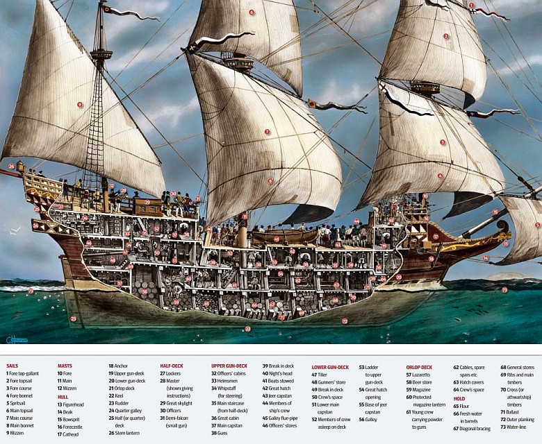 Przekrój XVI wiecznego galeonu