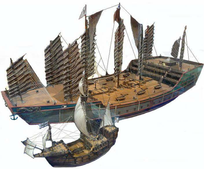Baochuan - największy okręt wojenny chińskiej wloty z XV wieku w porównaniu do statku europejskiego z tego czasu