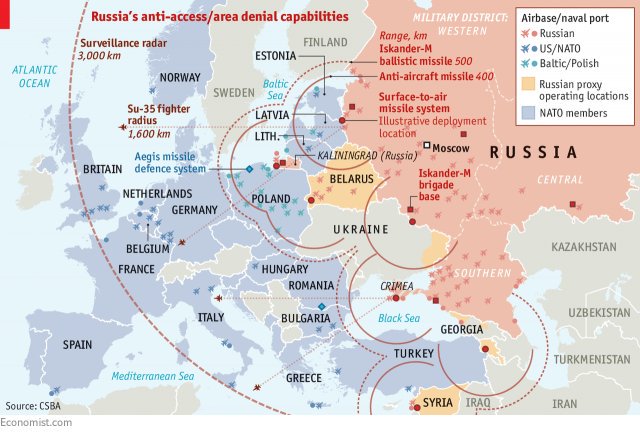 Zasięg rosyjskiego systemu antydostępowego (anti-access/area-denial, A2/AD)