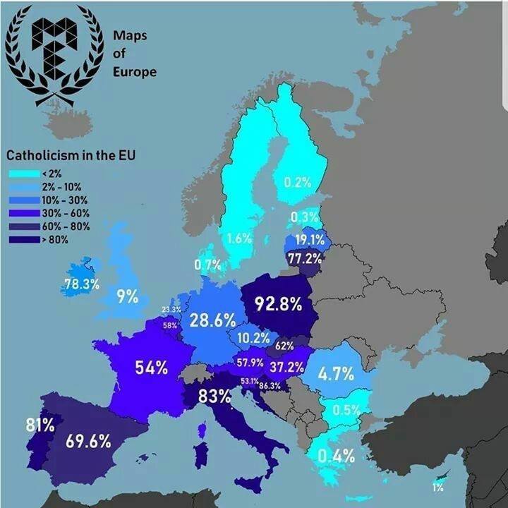 Procent katolików w poszczególnych krajach Unii