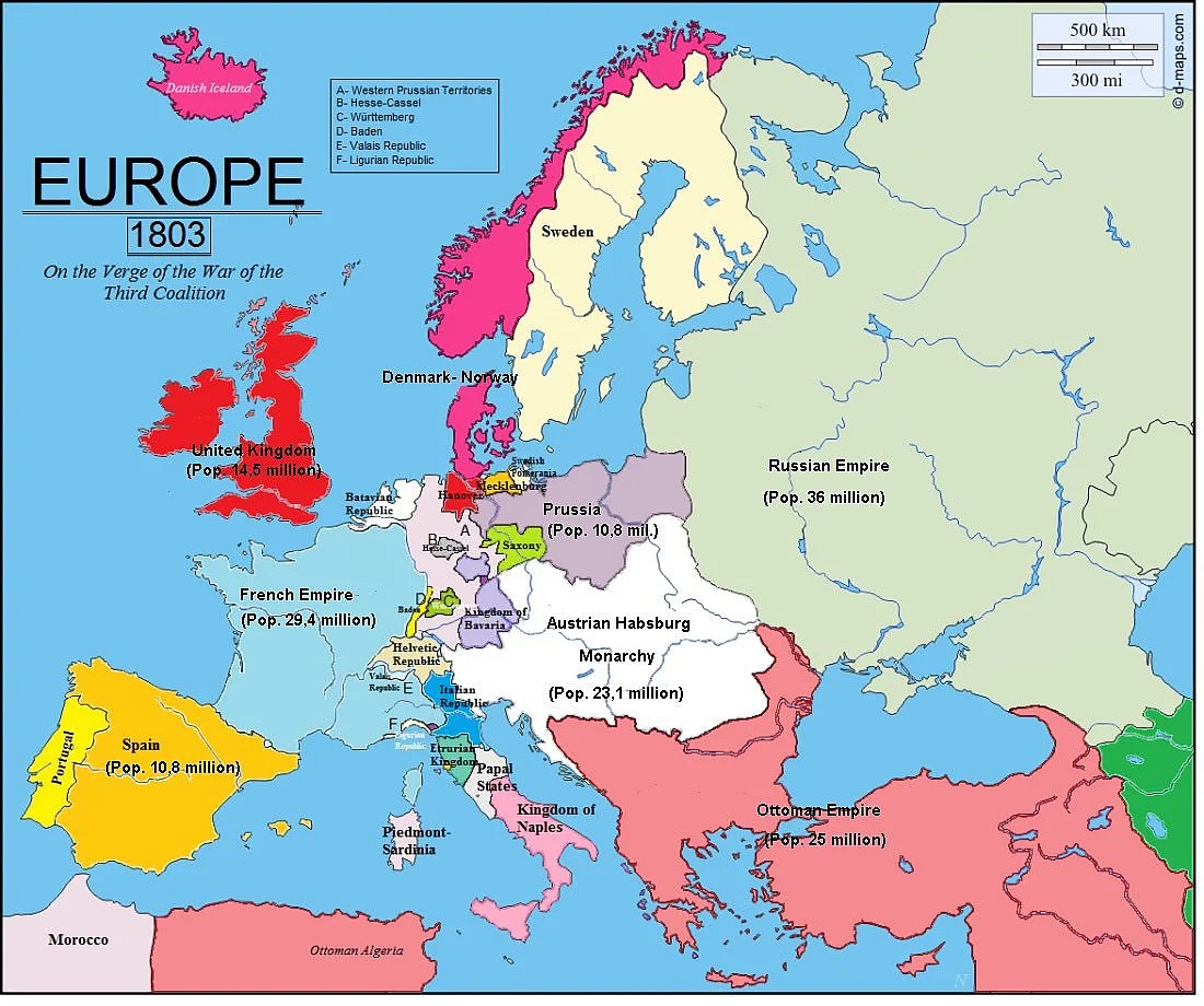 Mapa Europy w 1803 roku (z liczbą ludności)