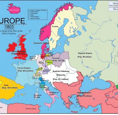 Mapa Europy w 1803 roku (z liczbą ludności)