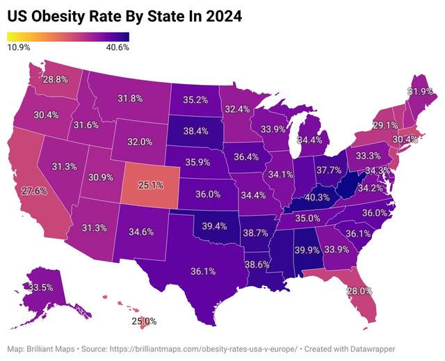 Współczynnik otyłości według stanu USA, 2024