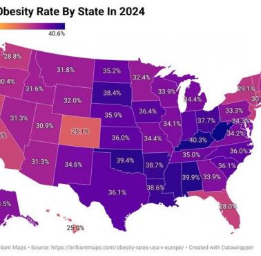 Współczynnik otyłości według stanu USA, 2024