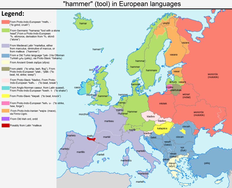 Słowo młotek w różnych europejskich językach
