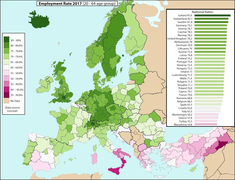 Wskaźnik zatrudnienia (20-64) w Europie (plus Turcja), 2017