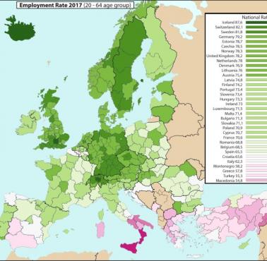 Wskaźnik zatrudnienia (20-64) w Europie (plus Turcja), 2017