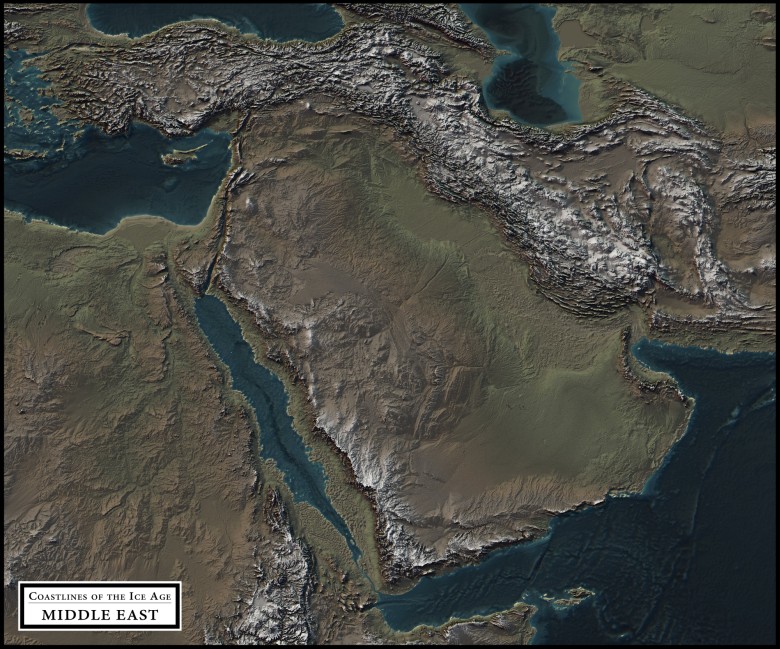 Reliefowa mapa Bliskiego Wschodu w epoce lodowcowej
