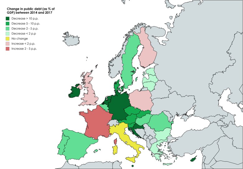 Zmiany w długu publicznym krajów UE 2014-2017