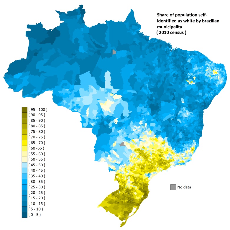 Odsetek białych mieszkańców Brazylii w poszczególnych regionach kraju, 2010