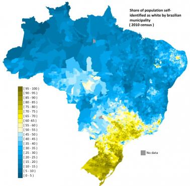 Odsetek białych mieszkańców Brazylii w poszczególnych regionach kraju, 2010
