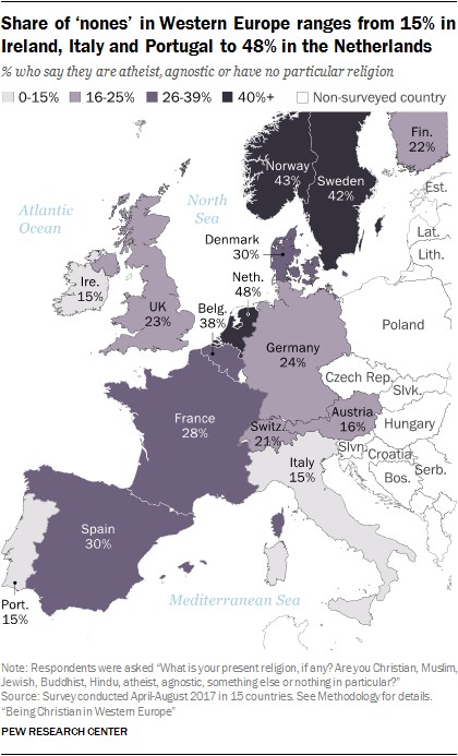 Odsetek ateistów, agnostyków i niereligijnych osób w Europie Zachodniej, 2018