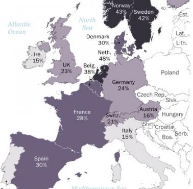 Odsetek ateistów, agnostyków i niereligijnych osób w Europie Zachodniej, 2018