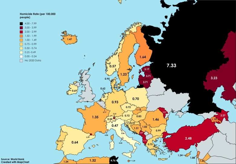 Wskaźnik zabójstw w Europie na 100 tys. mieszkańców, 2020, Eurostat
