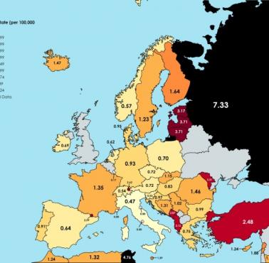 Wskaźnik zabójstw w Europie na 100 tys. mieszkańców, 2020, Eurostat