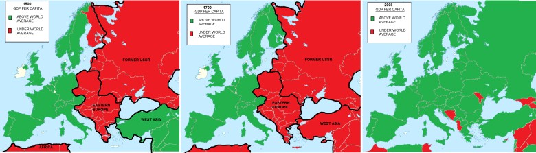 PKB na jednego mieszkańca w Europie w 1500, 1700 i 2008 roku