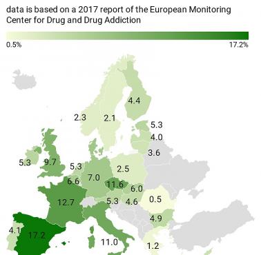 Uzależnienie od marihuany młodzieży (15-24), przynajmniej raz w ciągu ostatnich 30 dni w Europie, 2017