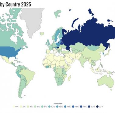 Odsetek alkoholików (uzależnionych od alkoholu) w poszczególnych państwach świata, 2025