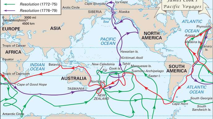 Trasy rejsów kapitana Jamesa Cooka, 1772-1775, 1776-1779